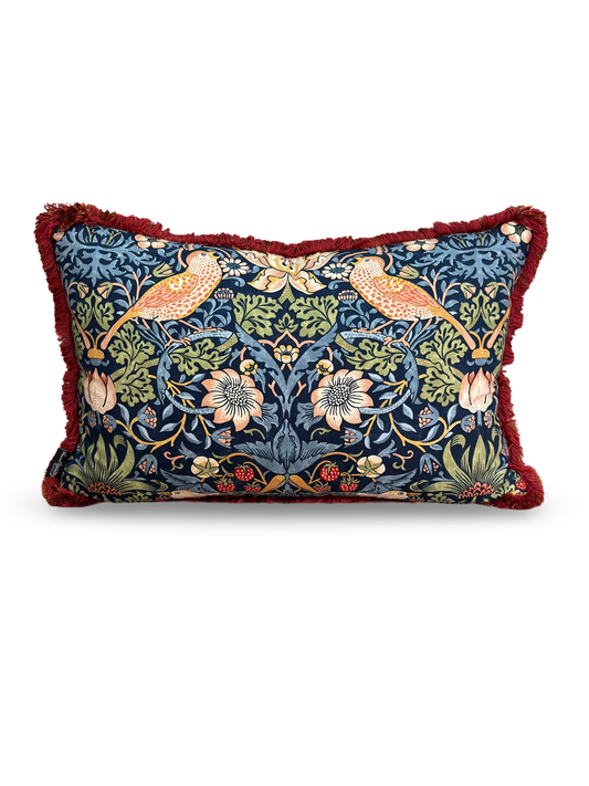 Strawberry Thief II Lumbar Cushion | Decorative Blue Lumbar Cushion