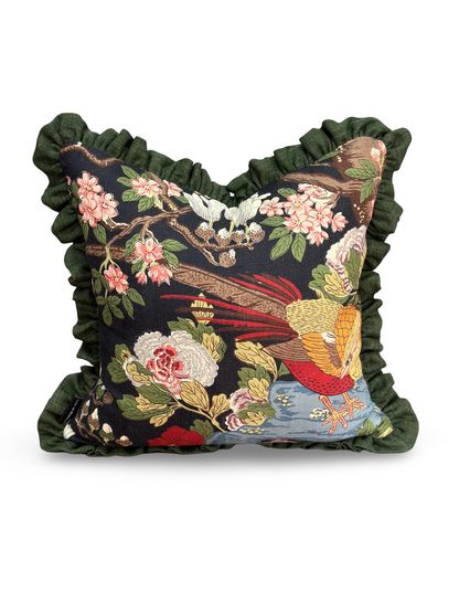 Rockbird Cushion | Printed Linen with Stonewashed Linen Ruffles