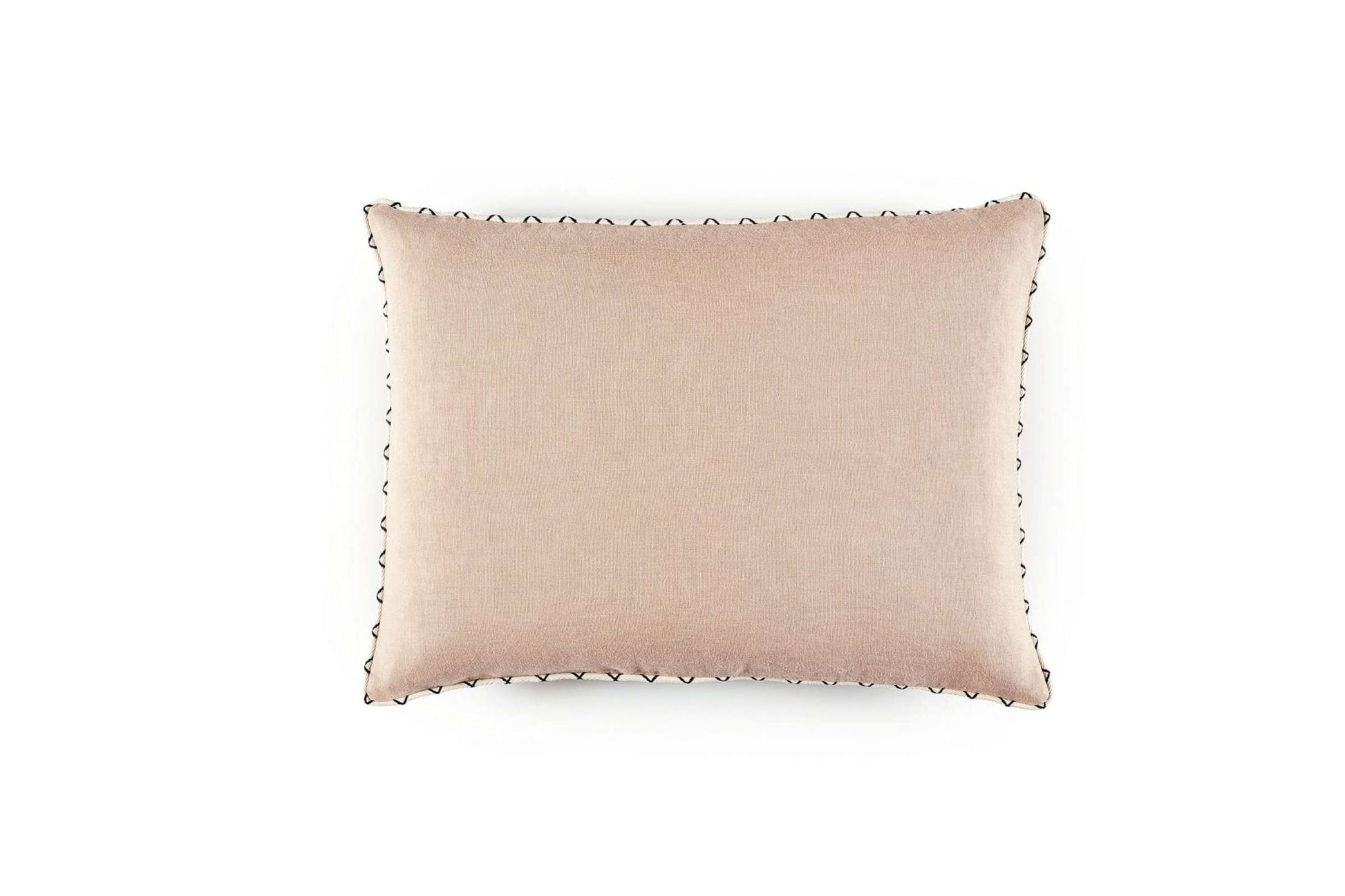 Beige pillow with decorative trim on a white background