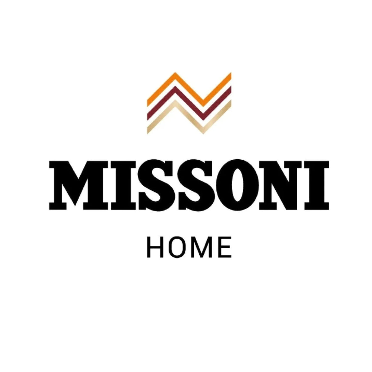 Missoni Home logo centered on a plain white background, with stacked orange, burgundy, and beige chevron lines above the black text 'MISSONI' and smaller 'HOME' text below.
